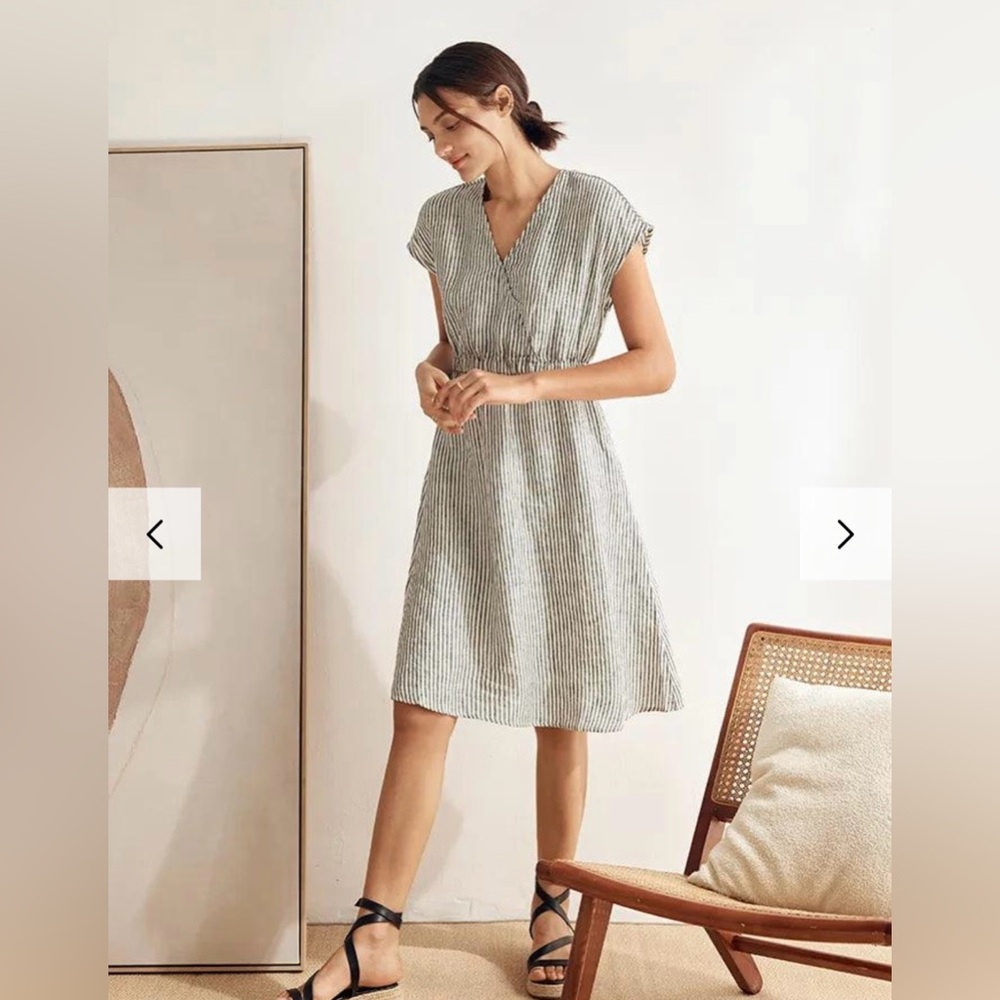 Lintico NWT ARIA 100% Linen Striped Elastic-Waist Midi Dress Size Medium